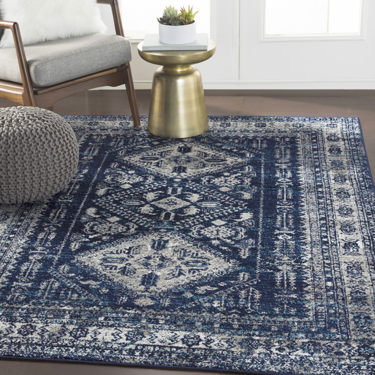 Navy and Ivory Rectangular Oriental Machine-Woven Rug