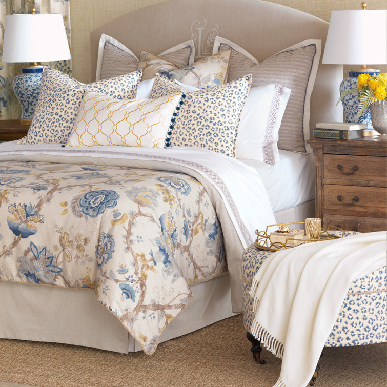 Emory Round Tufted Linen Blend Ottoman with Espresso Legs