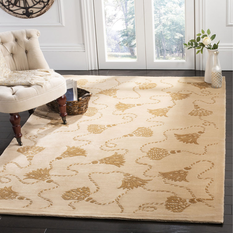 Ivory Geometric Hand-Knotted Wool and Silk 5' x 7' Rug
