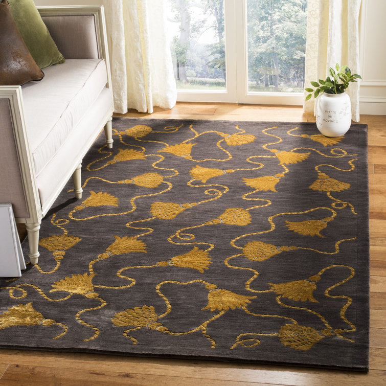 Plum and Gold Geometric Hand-Knotted Wool-Silk Rug 10' x 14'