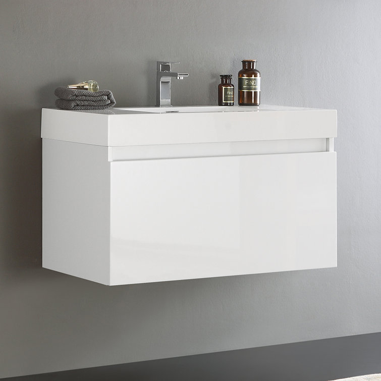 Glossy White 36" Wall-Mounted Single Sink Vanity with Acrylic Top