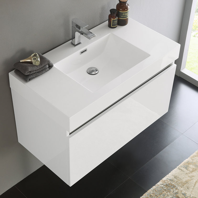 Glossy White 36" Wall-Mounted Single Sink Vanity with Acrylic Top