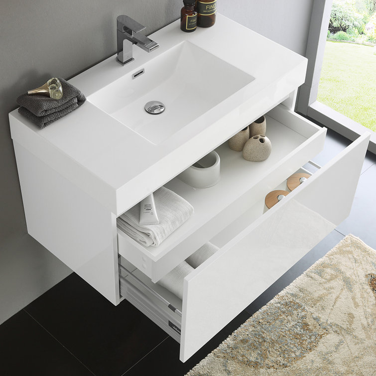 Glossy White 36" Wall-Mounted Single Sink Vanity with Acrylic Top