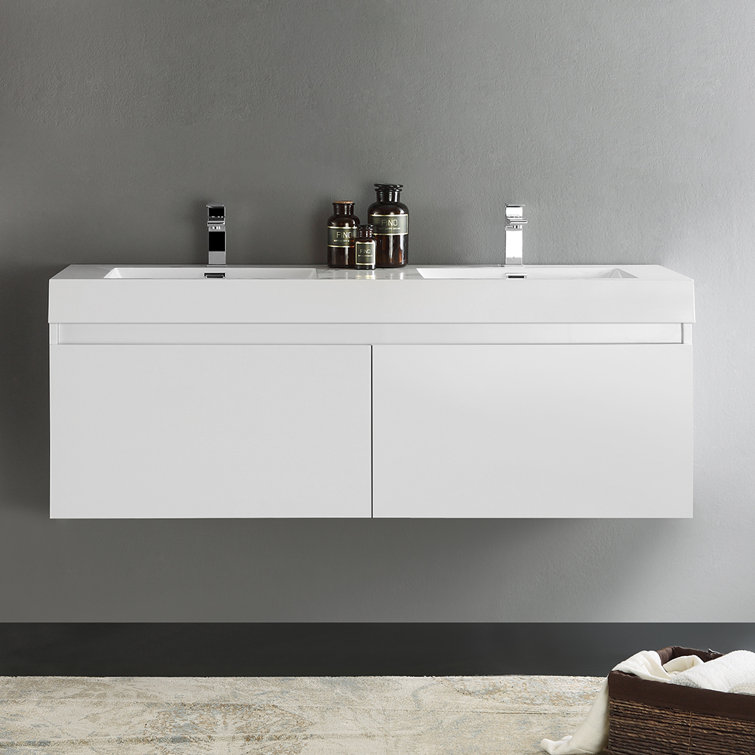 Glossy White 59" Wall-Mounted Double Sink Vanity with Acrylic Top