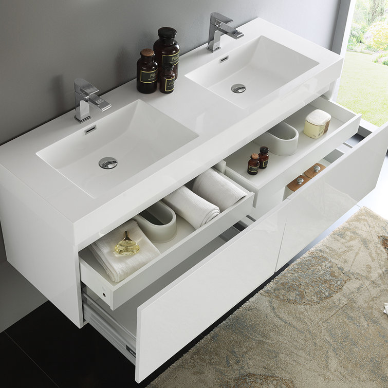 Glossy White 59" Wall-Mounted Double Sink Vanity with Acrylic Top