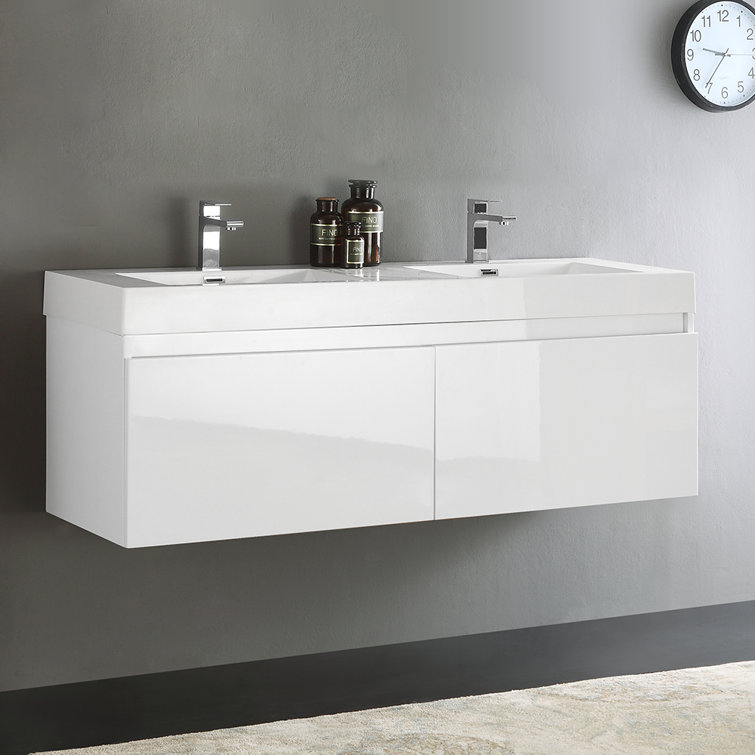 Glossy White 59" Wall-Mounted Double Sink Vanity with Acrylic Top