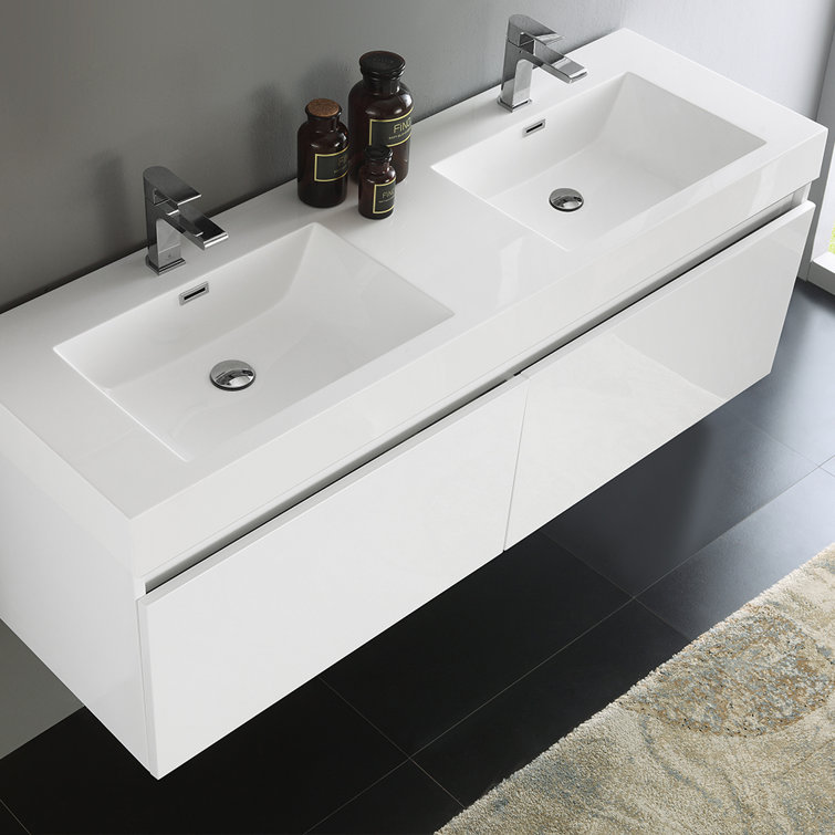 Glossy White 59" Wall-Mounted Double Sink Vanity with Acrylic Top