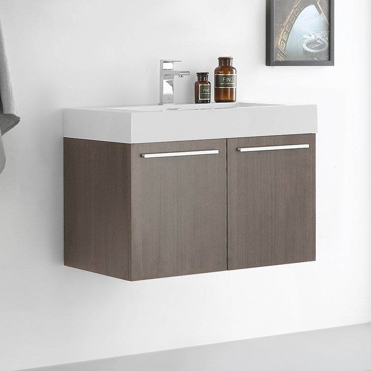 Gray Oak Wall-Mount Vanity with White Acrylic Sink