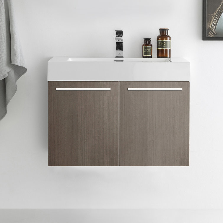 Gray Oak Wall-Mount Vanity with White Acrylic Sink