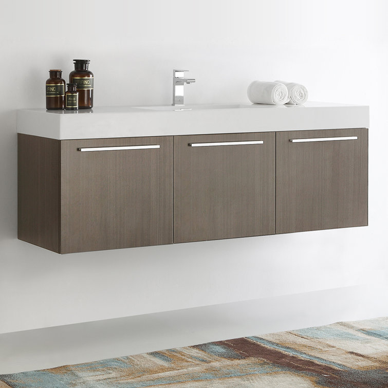 Gray Oak 60" Wall Mounted Single Sink Vanity with Acrylic Top