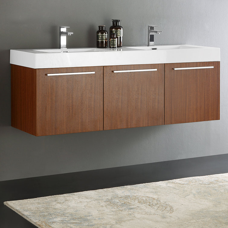 Teak Wall-Mounted Double Vanity with White Acrylic Sink