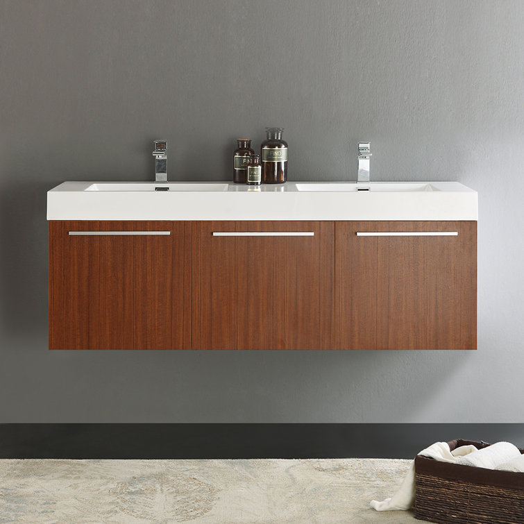 Teak Wall-Mounted Double Vanity with White Acrylic Sink