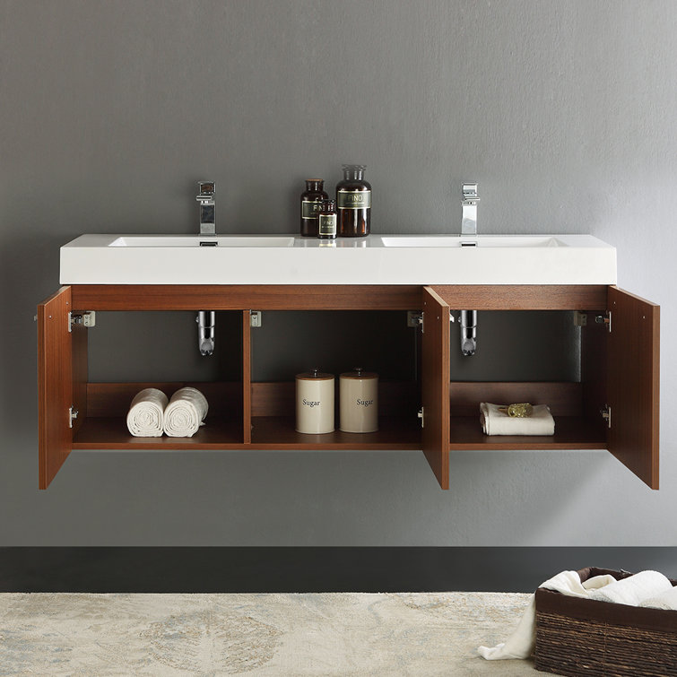 Teak Wall-Mounted Double Vanity with White Acrylic Sink