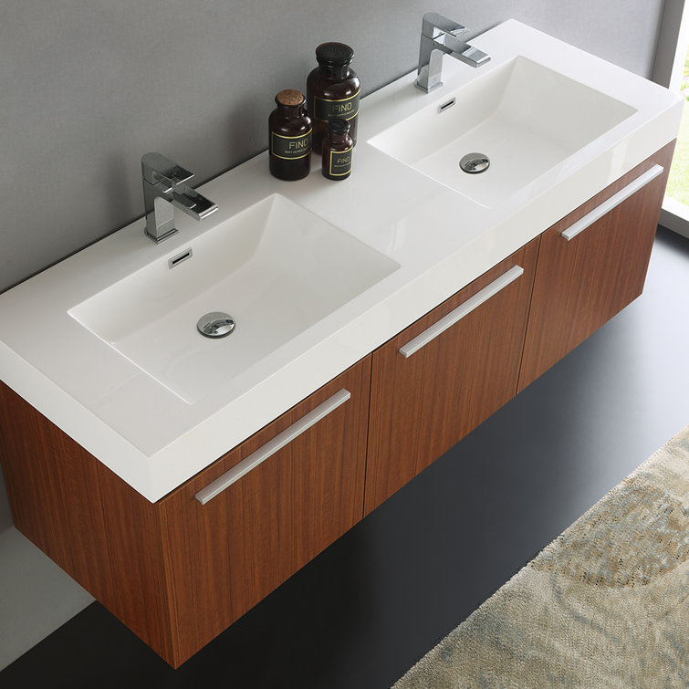 Teak Wall-Mounted Double Vanity with White Acrylic Sink
