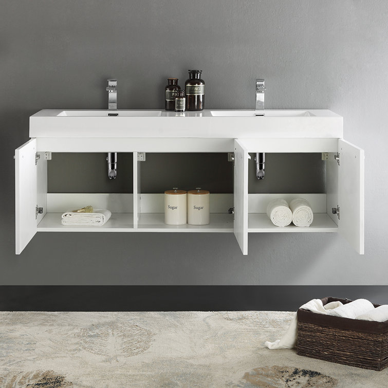 Vista 60'' Glossy White Wall Mounted Double Bathroom Vanity with Acrylic Top