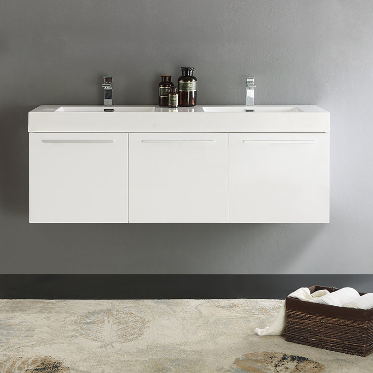 Vista 60'' Glossy White Wall Mounted Double Bathroom Vanity with Acrylic Top