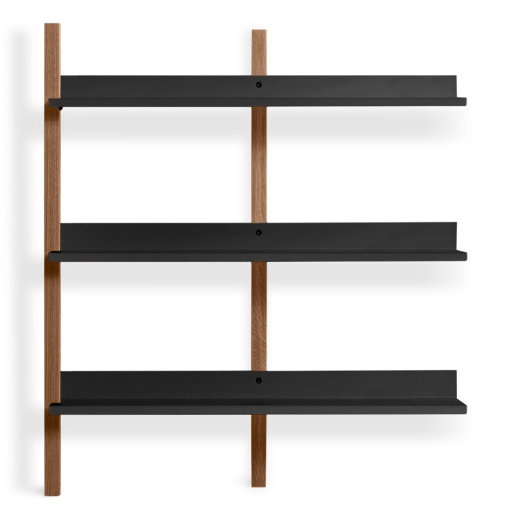 Adjustable Walnut and Black 6-Shelf Wall-Mounted Bookcase