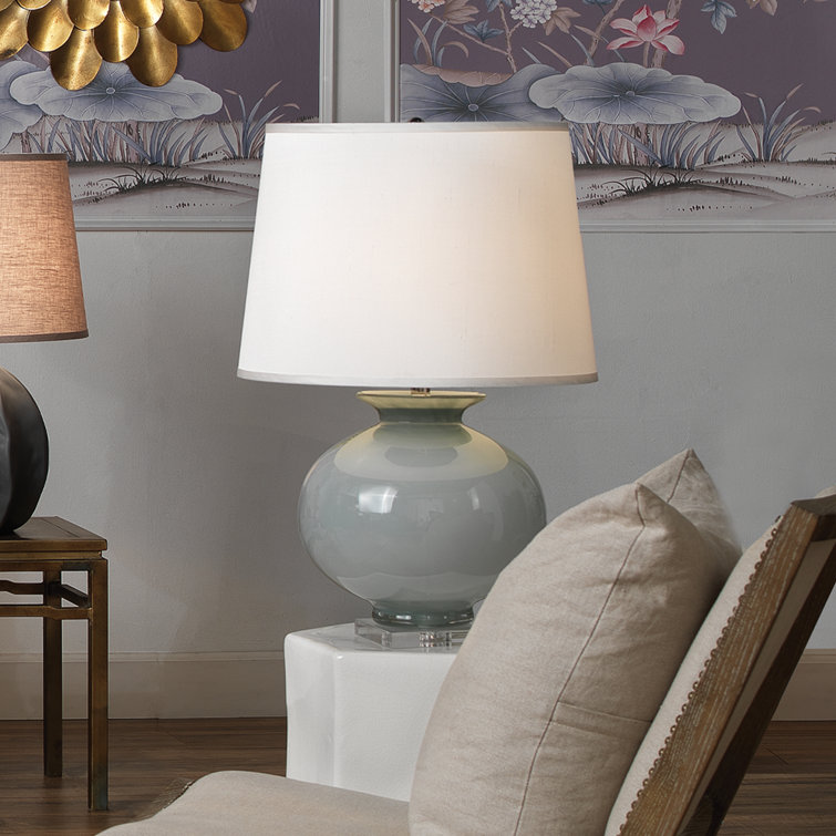 Cornflower Blue Glass Table Lamp with White Silk Shade