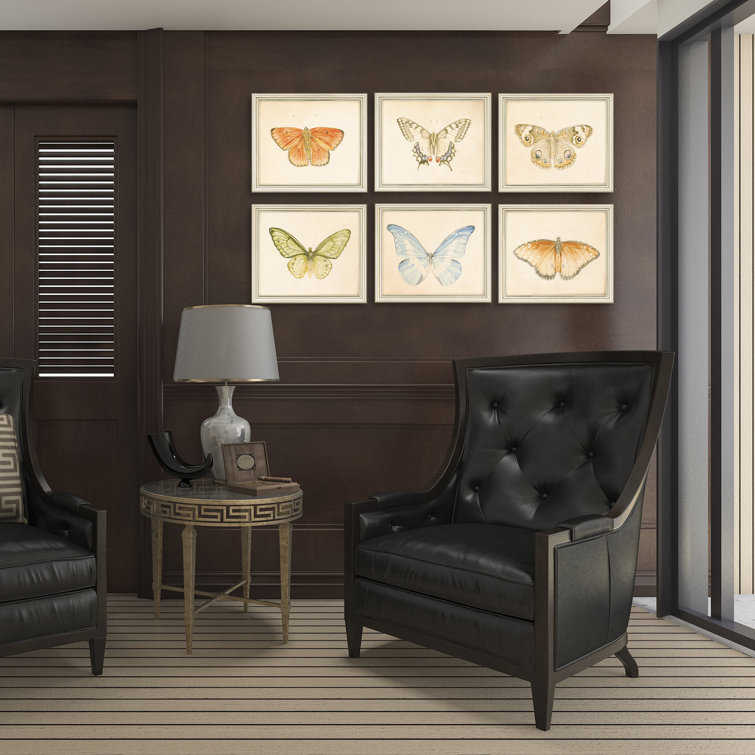 Set of 6 Butterfly Prints on Canvas with Silver Frames