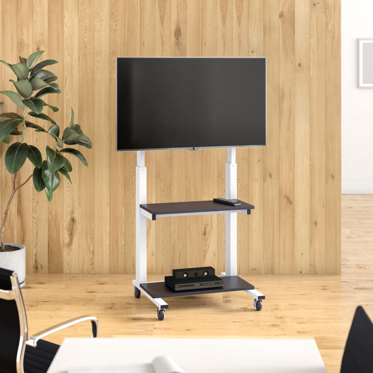 Crank Adjustable Mobile TV Cart with Dual Shelves, White & Black