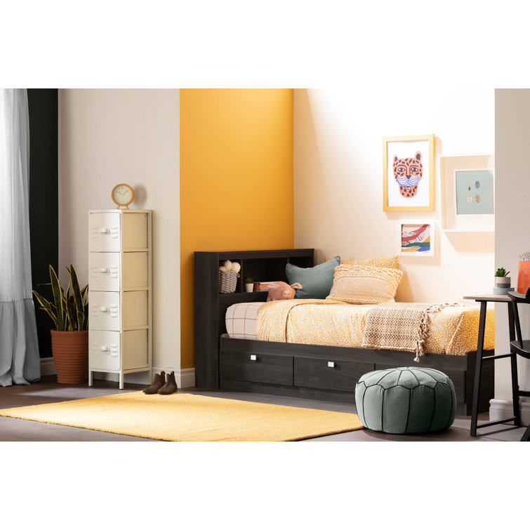Pure Black Twin Upholstered Wood Bookcase Headboard with Storage
