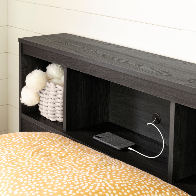 Pure Black Twin Upholstered Wood Bookcase Headboard with Storage