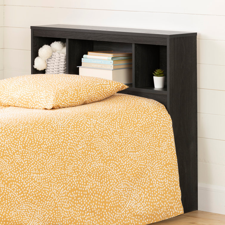 Pure Black Twin Upholstered Wood Bookcase Headboard with Storage