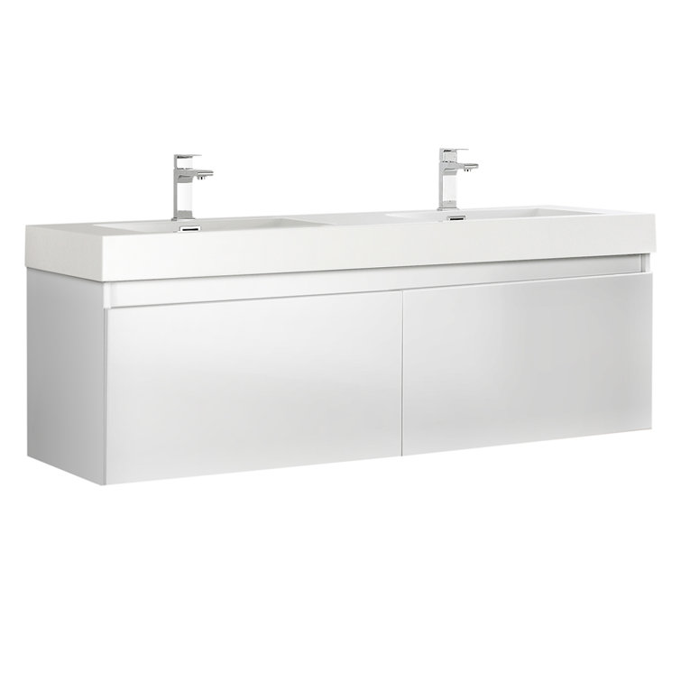 Glossy White 59" Wall-Mounted Double Sink Vanity with Acrylic Top