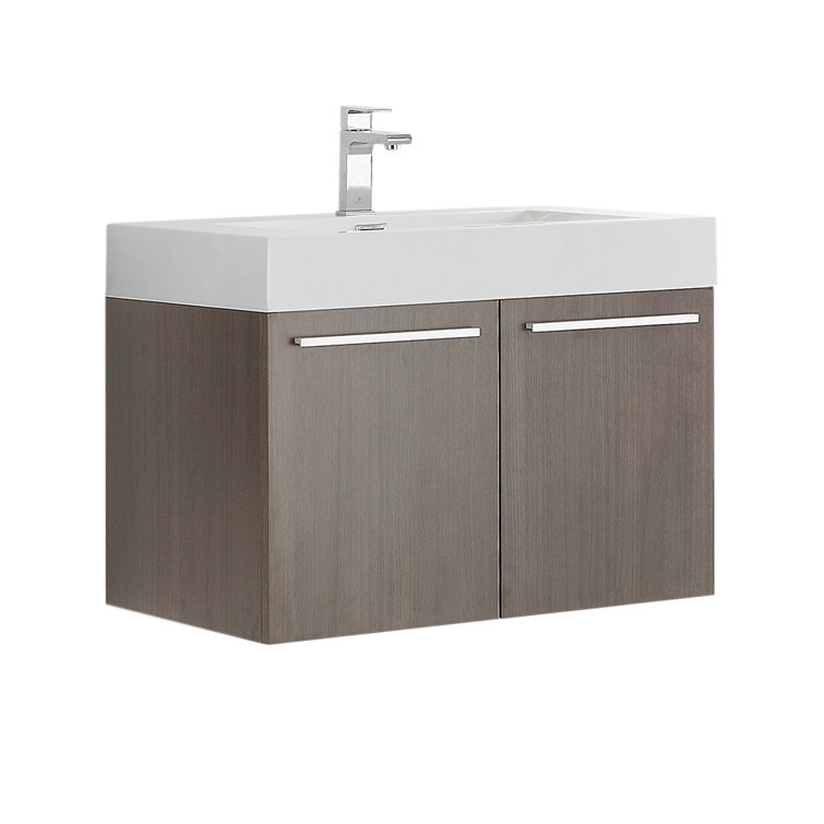 Gray Oak Wall-Mount Vanity with White Acrylic Sink