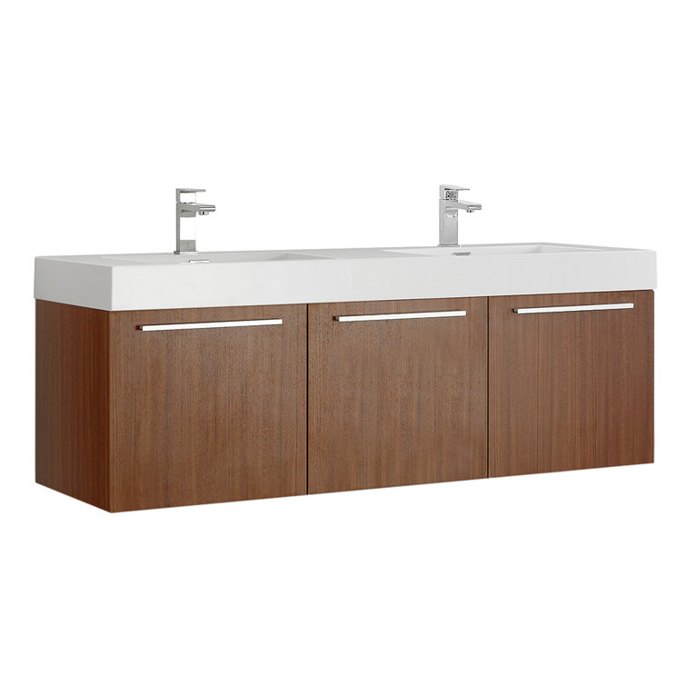 Teak Wall-Mounted Double Vanity with White Acrylic Sink