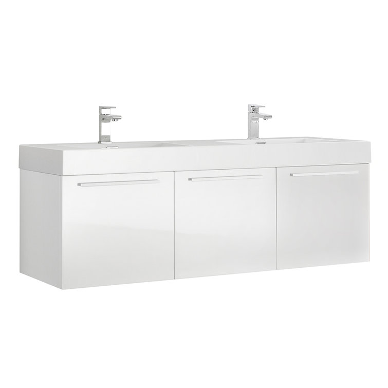 Vista 60'' Glossy White Wall Mounted Double Bathroom Vanity with Acrylic Top