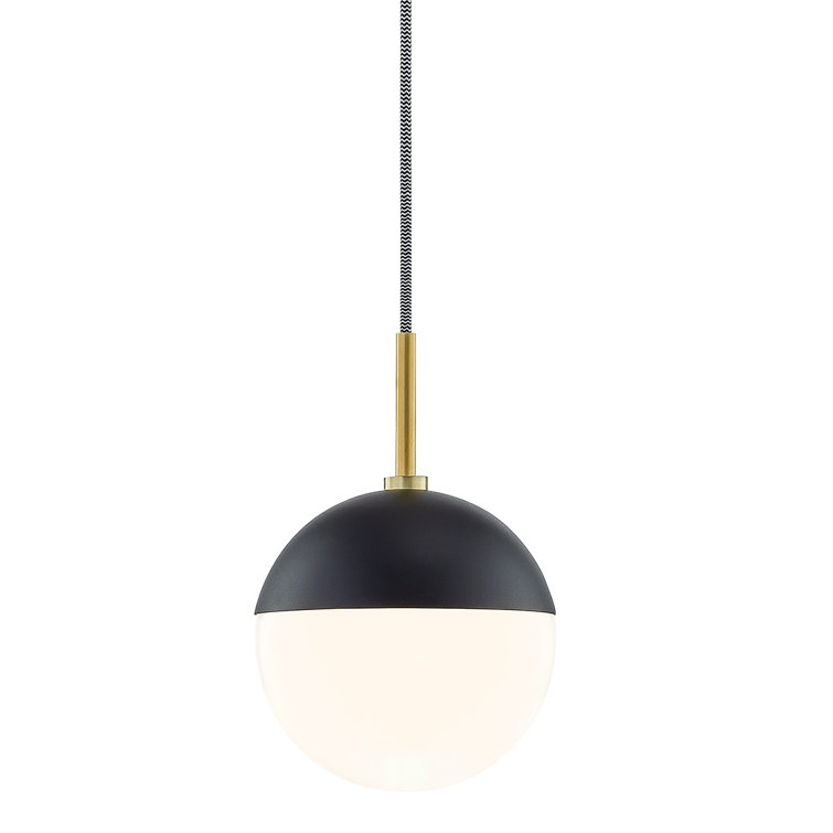 Aged Brass and Black Opal Glass Globe Pendant Light
