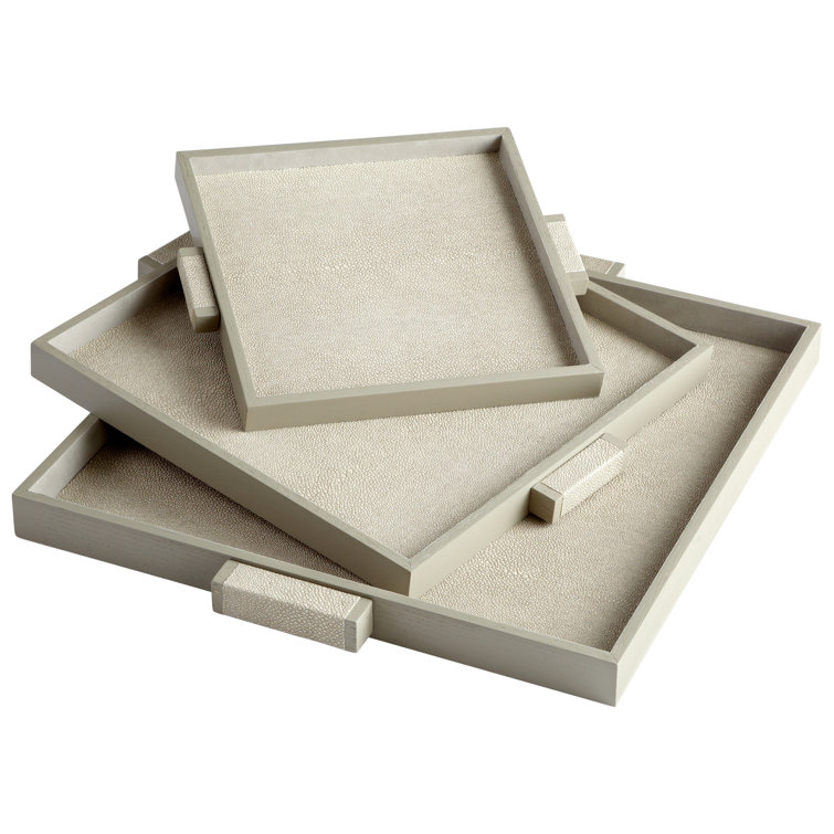 Beige Rectangular Wood and Shagreen Decorative Tray