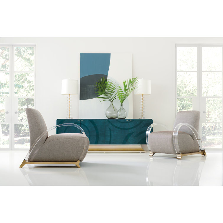 Transitional Beige Metal Base Accent Chair with Acrylic Arms