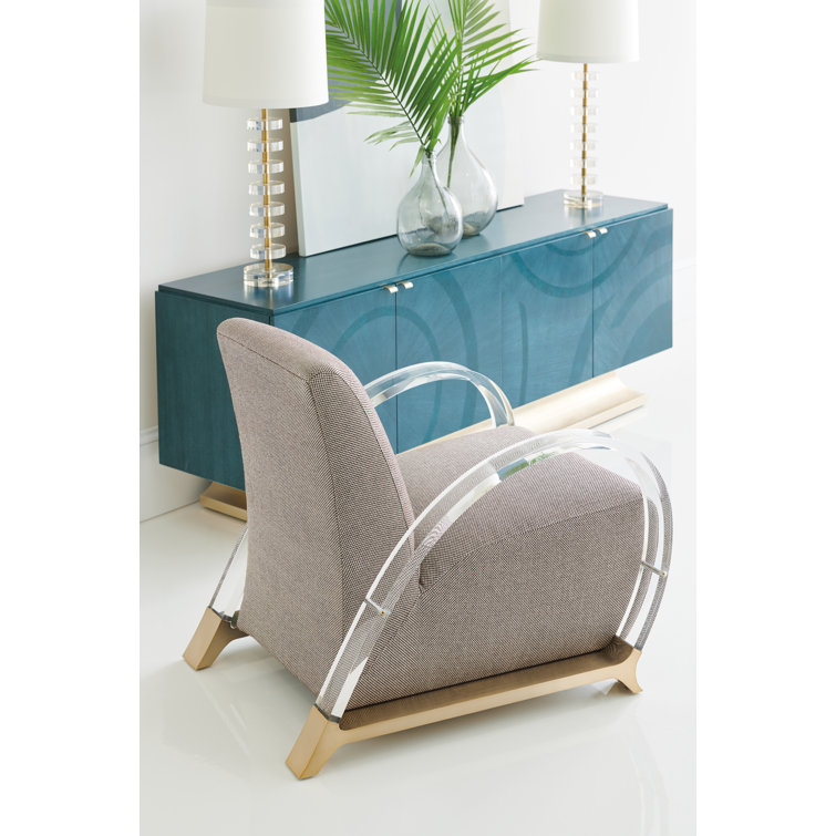 Transitional Beige Metal Base Accent Chair with Acrylic Arms