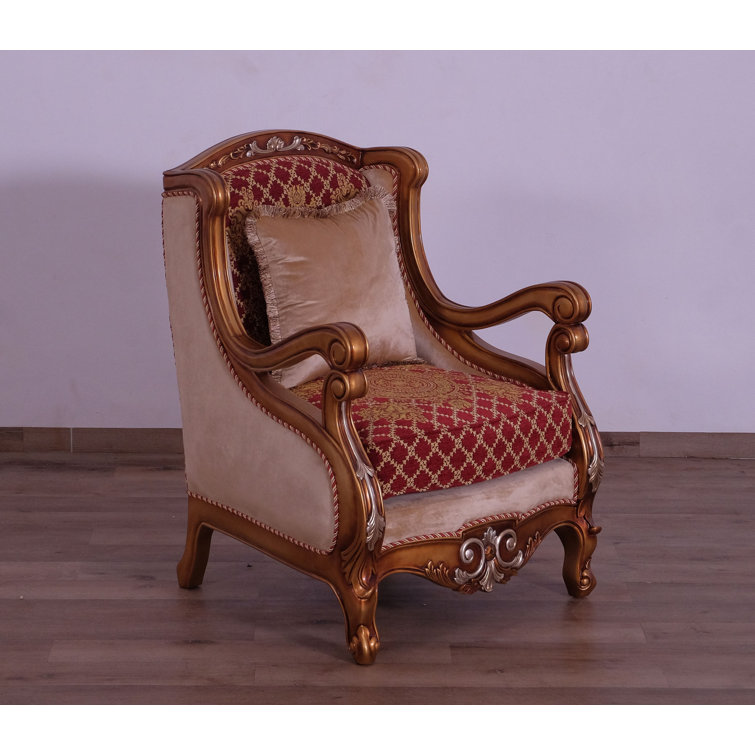 Handcrafted Mahogany Wood Accent Chair in Red Velvet