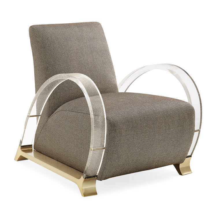 Transitional Beige Metal Base Accent Chair with Acrylic Arms