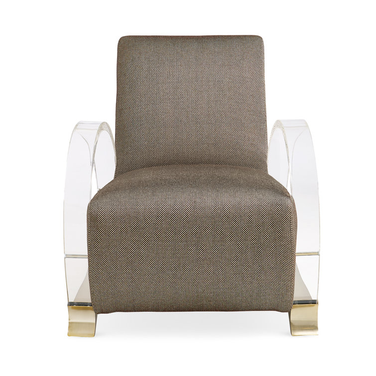 Transitional Beige Metal Base Accent Chair with Acrylic Arms