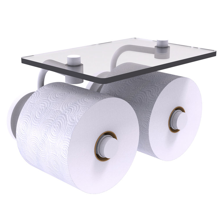 Matte White Brass Dual Roll Toilet Paper Holder with Glass Shelf
