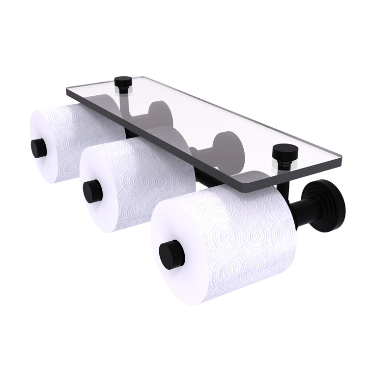 Matte Black Brass Wall Mounted 3-Roll Toilet Paper Holder with Glass Shelf