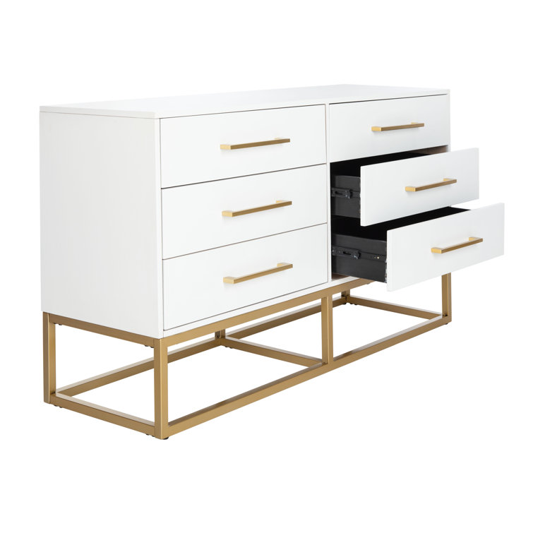 Estelle Transitional White 6-Drawer Dresser with Brass Accents