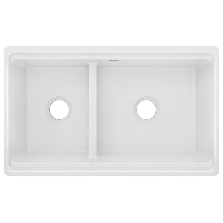 33" White Fireclay Double Bowl Farmhouse Kitchen Sink