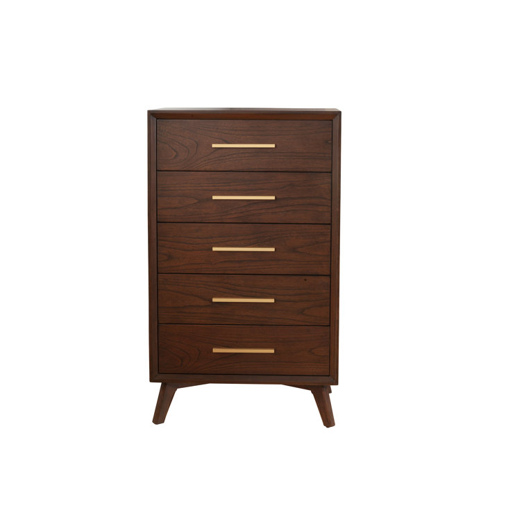 Mid-Century Walnut 5-Drawer Vertical Dresser with Gold Handles