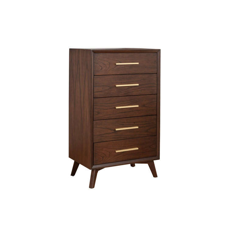 Mid-Century Walnut 5-Drawer Vertical Dresser with Gold Handles
