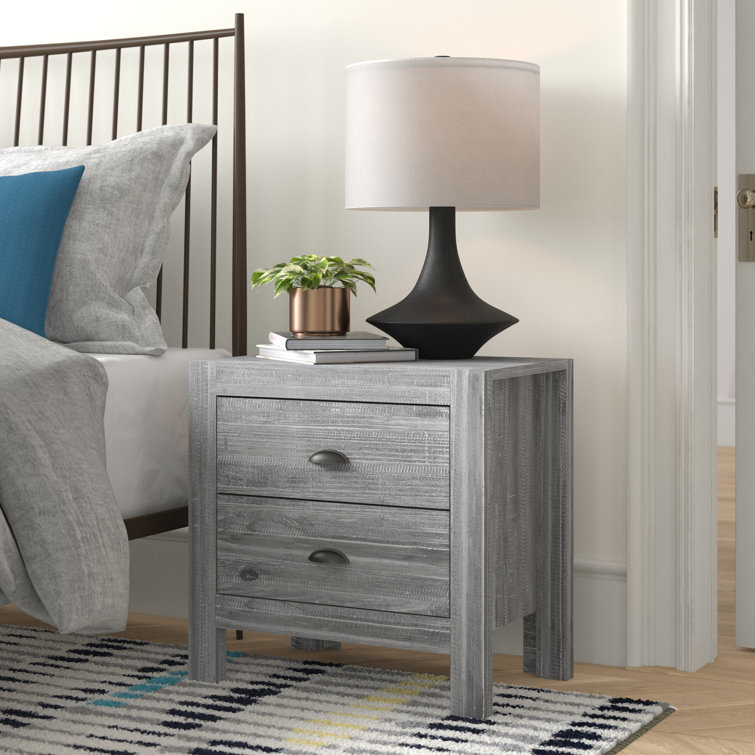 Rustic Grey Pine Wood 2-Drawer Nightstand with Black Metal Handles