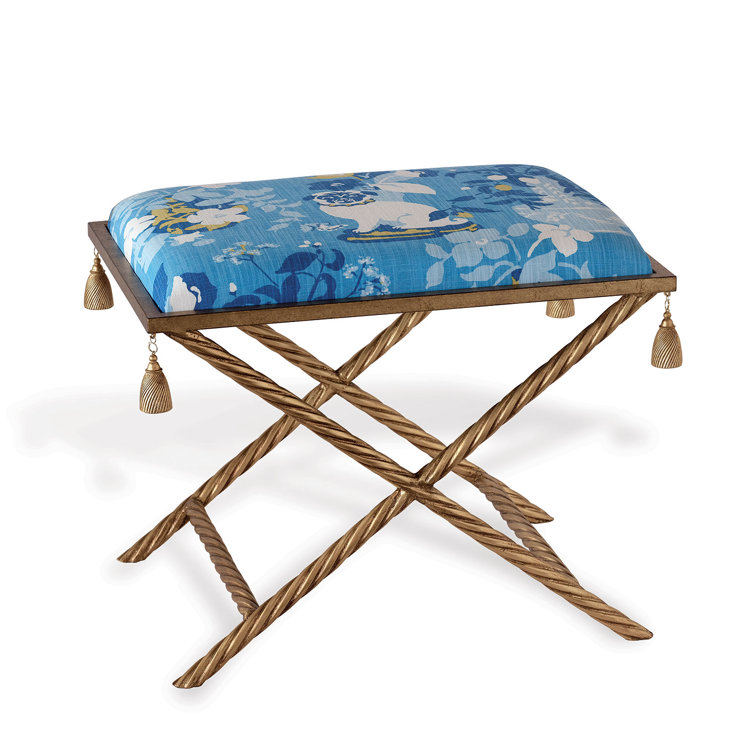 Blue and White Cotton Upholstered Steel Accent Stool