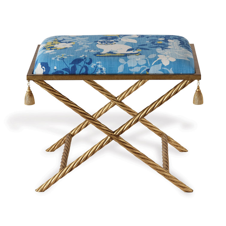 Blue and White Cotton Upholstered Steel Accent Stool