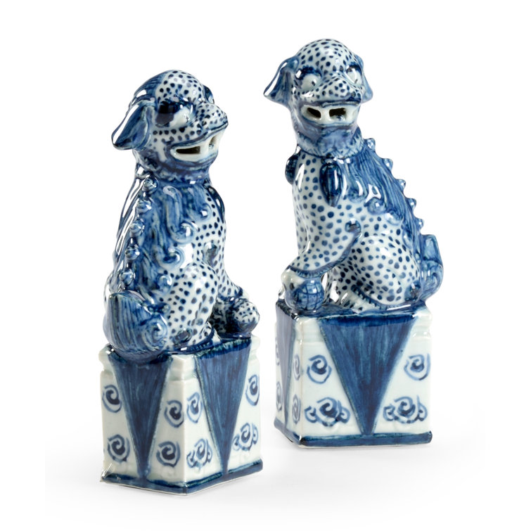 Blue and White Ceramic Palace Dog Figurine, 6.8"