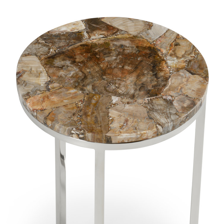 Brown Stone Top Round Side Table with Polished Nickel Base