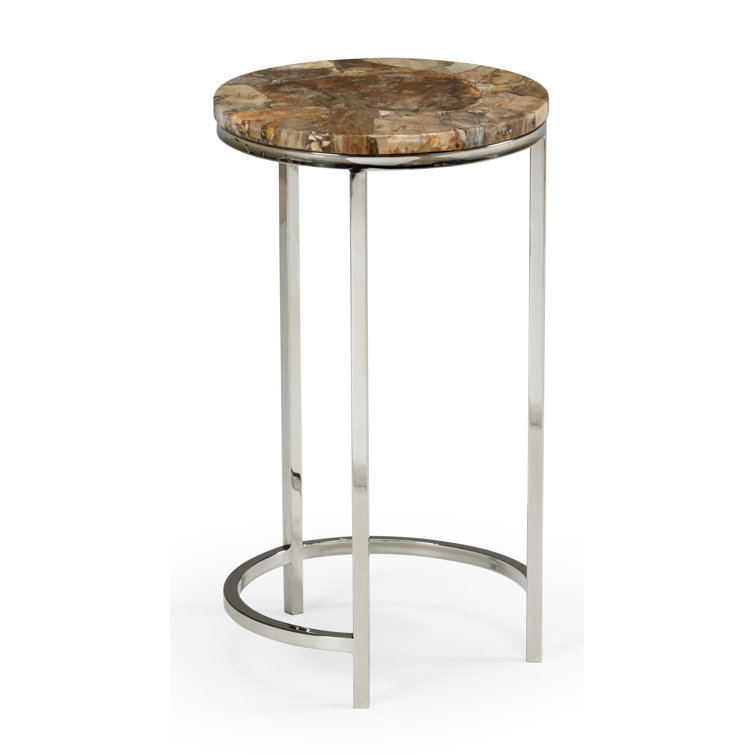 Brown Stone Top Round Side Table with Polished Nickel Base